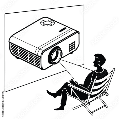 Movie Night Relaxation Watching a Projector with Man in Chair Against Wall