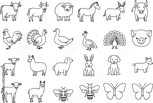 Farm Animals Line Icon Set: Thin Linear Vector Pictograms of Ducklings, Sheep, Horses & Barnyard Animals