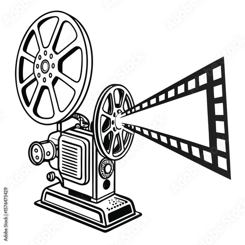 Vintage Movie Projector Illustration A Classic Film Presentation Machine with Reel, Base and Film Strip Design