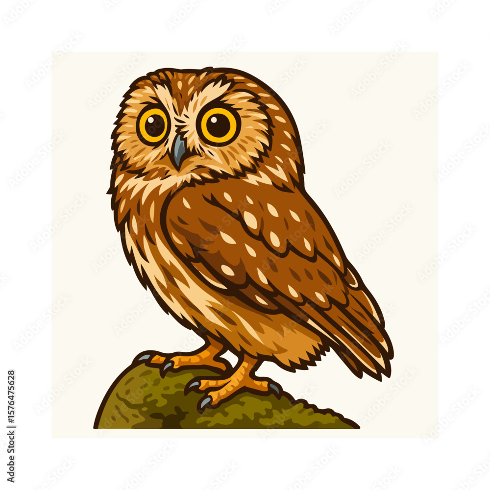 Naklejka premium Realistic Owl Perched on Mossy Rock – Detailed Color Vector Illustration