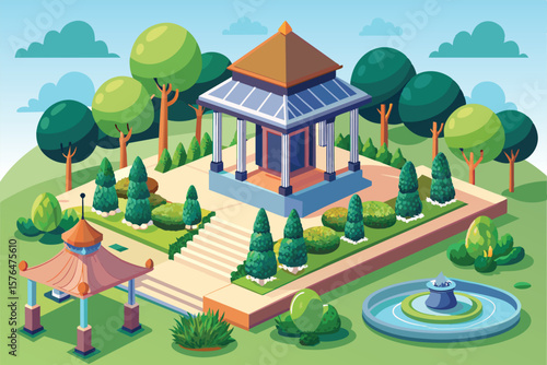 Illustrated garden scene featuring a tranquil pavilion, manicured shrubs, and a calming fountain amidst lush trees and greenery, conveying peace and natural beauty.