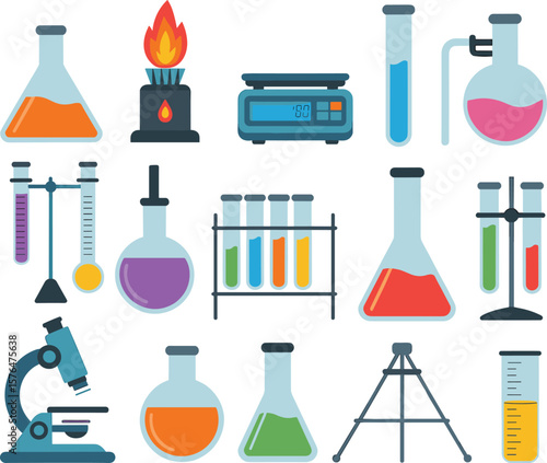 Colorful flat design illustration of chemistry lab equipment, test tubes, beakers, burners, flasks, microscope, scientific experiment tools, laboratory elements.