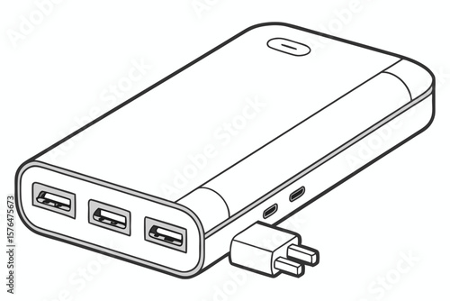 Illustration of a Rectangular Portable Charger with Several USB Ports and a Charging Cable