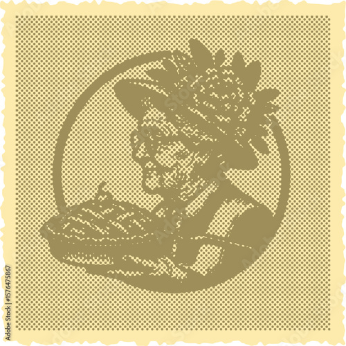  Vibrant color engraving halftone vector of a cheerful grandma with floral hat holding pie inside decorative stamp frame design, vintage retro style illustration for culinary theme art