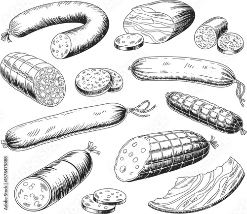 Hand drawn sausage and meat set, vintage butcher sketch, smoked ham, salami, bacon, deli meats, black and white illustration
