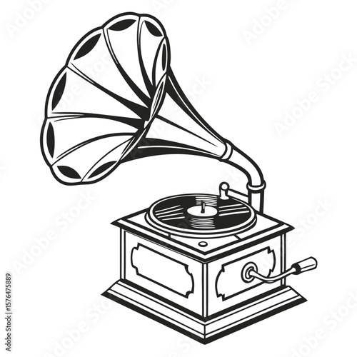 Vintage Phonograph Illustration Detailed Black and White Design for a Classic Audio Device