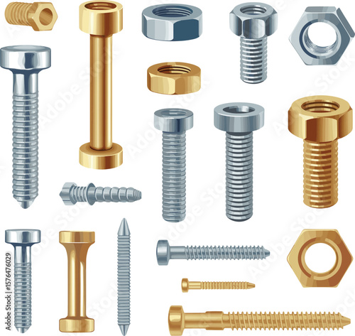 Realistic 3D illustration of assorted screws, bolts, nuts, washers, fasteners, metallic hardware components, industrial tools, mechanical parts, construction elements.