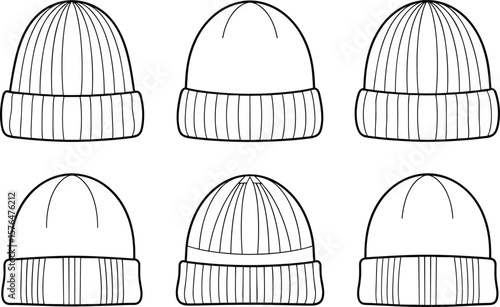 Set of six winter beanie hat illustrations, ribbed and plain knit caps, black and white technical drawing, cold weather fashion design