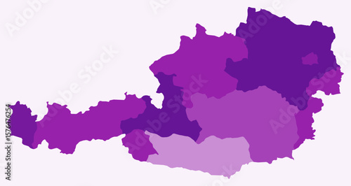 Map of Austria with regions. Just a simple country border map with region division. Purple color palette. Blank Austria shape with administrative division. Vector illustration.
