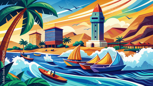 Dakar, Senegal – Atlantic waves splash near colorful boats and coastal promenades. African Renaissance Monument towers above lush parks and busy city life in this West African cultural hub.