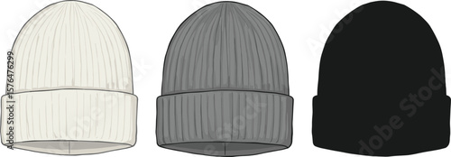 Three knitted winter beanies, black gray white wool hat, warm ribbed cap illustration, casual fashion accessory isolated on white
