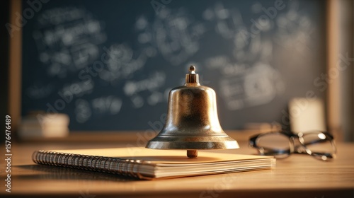 Bright school bell perched elegantly on a desk amid a charming classroom atmosphere