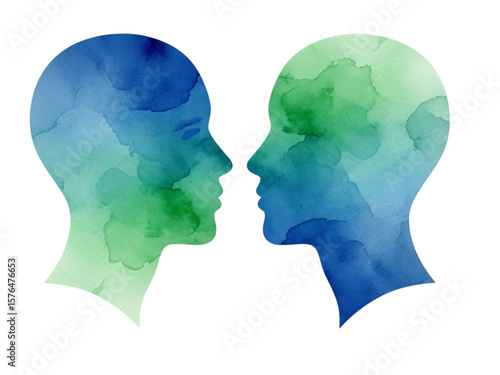 Human head silhouettes with watercolor textures representing connection