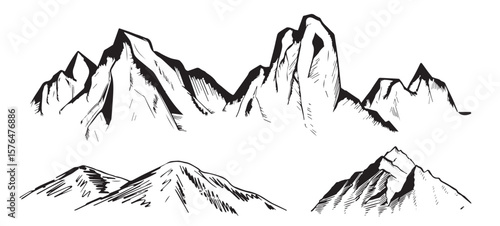Mountain range, panoramic landscape, nature. Long banner. Rocky terrain, hills. Simple vector ink sketch