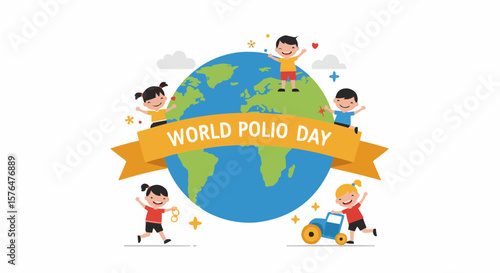Children playing around a globe promoting World Polio Day