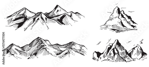Mountain range, panoramic landscape, nature. Long banner. Rocky terrain, hills. Simple vector ink sketch