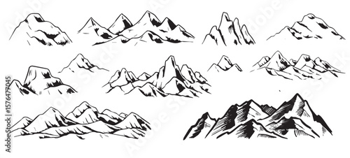 Mountain range, panoramic landscape, nature. Long banner. Rocky terrain, hills. Simple vector ink sketch