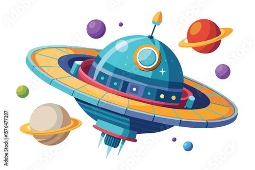 A vibrant cartoon spaceship flying through a colorful planetary system, surrounded by various planets and stars, depicting a fun and imaginative space exploration theme.