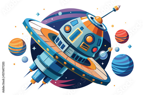 Illustration of a colorful cartoon spaceship exploring the vibrant and mysterious outer space, surrounded by planets and stars, capturing the wonder of space exploration and adventure.