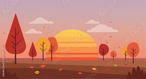 Autumn trees landscape with sunset background 