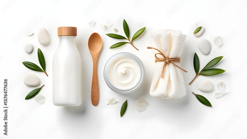 Organic skincare products flat lay with cream bottle and wooden spoon for beauty spa Organic skincare products flat lay with cream bottle and wooden spoon for beauty spa