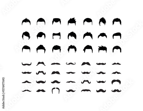 Mustache and hairstyles icons in set collection for design. Stylish mustaches and haircut vector symbol