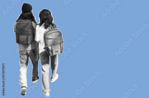 Rear view couple of students with backpack walking away pixelate grayscale color halftone dotted texture style collage element isolated on blue background. full length. long hair.