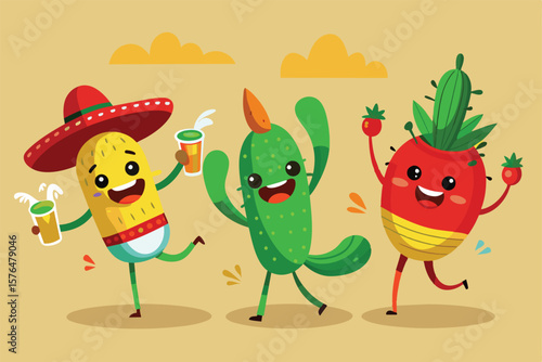 Cheerful cartoon vegetables dressed in festive attire, having fun and celebrating with drinks. Perfect for themes of friendship, celebration, and joyful gatherings.