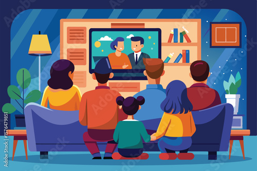 A diverse family sits together on a couch, watching television in a warm and cozy living room. The scene depicts togetherness, leisure, and quality family time.