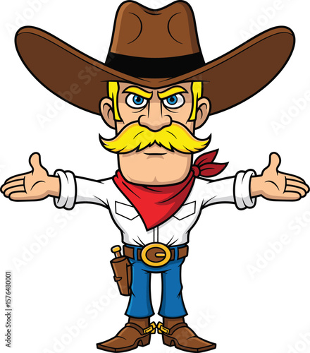 Cartoon cowboy with wide-brimmed hat, red bandana, white shirt, blue jeans, brown boots, welcoming pose, western character illustration