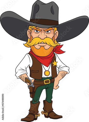 Cartoon sheriff cowboy character with large hat, red bandana, badge, holstered gun, confident pose, western illustration, white background