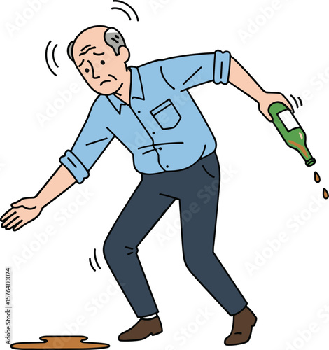 Elderly man struggling to balance, spilling alcohol bottle, addiction issues, health decline, senior fall risk, dramatic concept, vector illustration