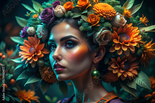 A Woman Adorned in a Floral Crown, a Vivid Portrait.