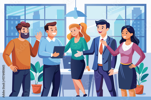 A diverse group of business professionals engaged in a lively meeting, showcasing teamwork and collaboration in a modern office setting with natural light.