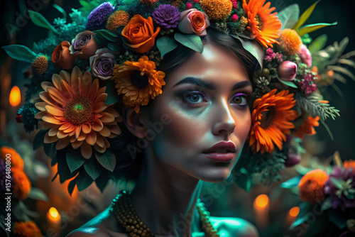 Stunning Woman with Floral Crown in a Mystical Setting