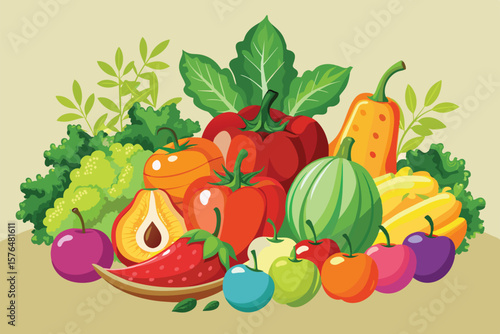Vibrant illustration featuring a variety of fresh vegetables and fruits in a colorful and lively composition. Perfect for food related design projects conveying health, freshness, and nutrition.