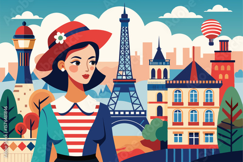 Illustration of an elegant woman in a Parisian landscape featuring the Eiffel Tower. A blend of vintage style and vibrant colors captures the essence of Parisian charm and culture.