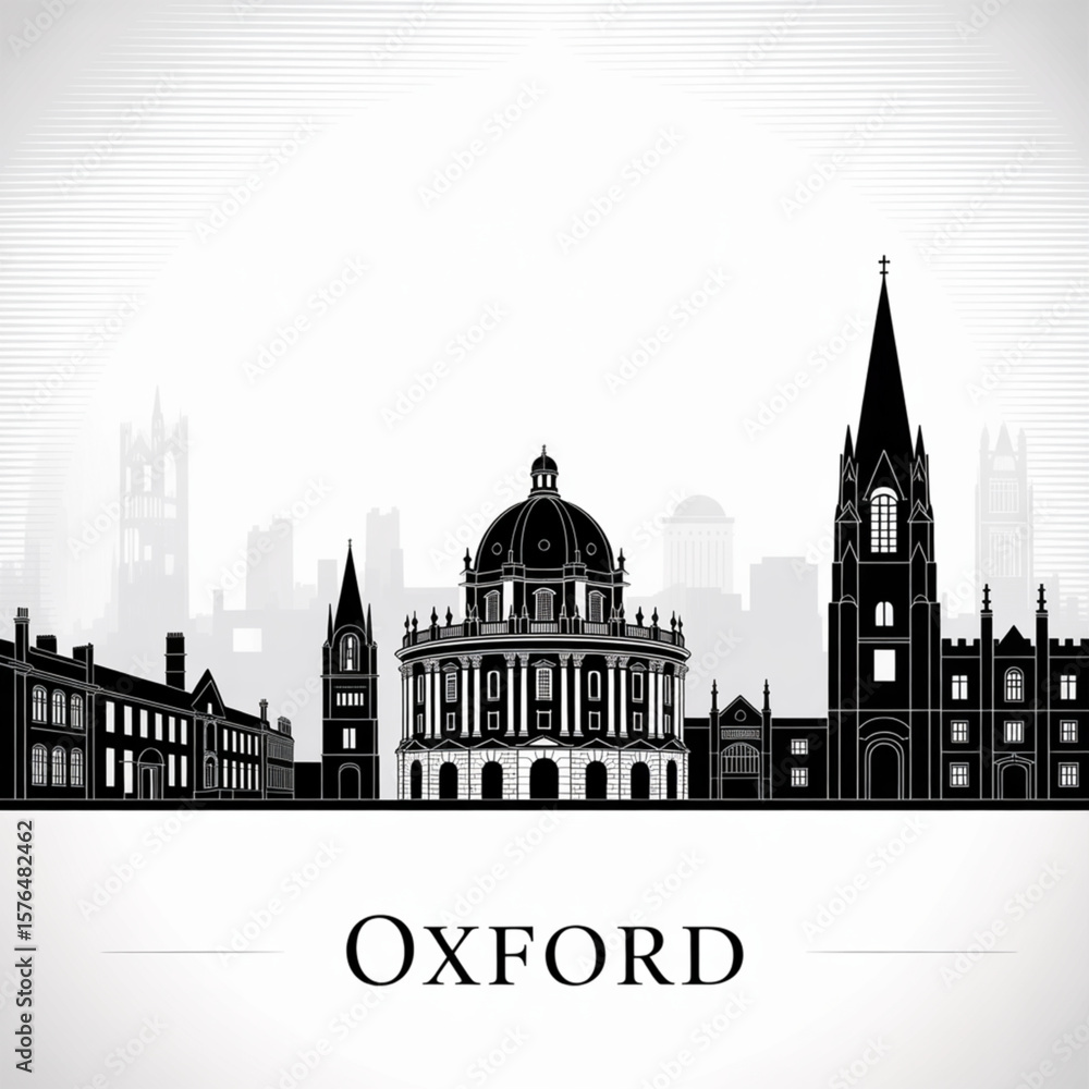 Naklejka premium Oxford Skyline Silhouette — Historic British Academic City Vector Illustration