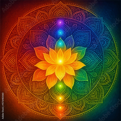 Vibrant lotus flower mandala radiates with chakra colors on a dark background, symbolizing spirituality and energy