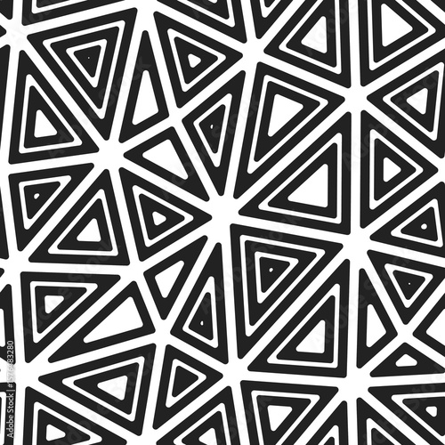 Triangles Background. Multiple repeated inner triangles. Big shape size. Black and white style. Seamless pattern. Beautiful vector tiles. Amazing vector illustration.