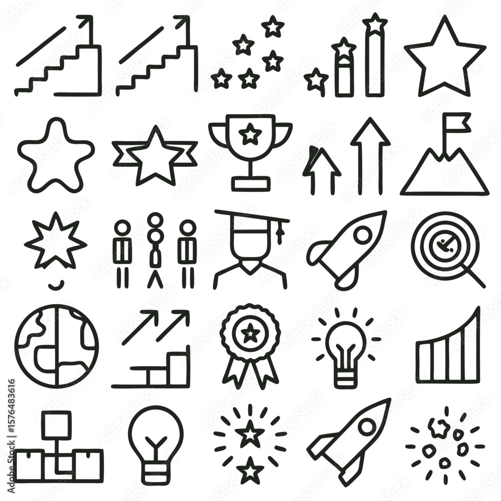 Fototapeta premium Black Line Icons Set Achievement Success Growth Strategy Goal Target Star Award Trophy Rocket Graduation