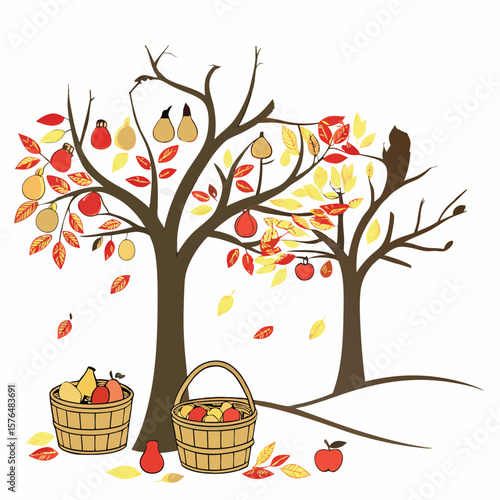 "Autumn fruit farm with falling leaves, pear and apple trees full of ripe fruit, and harvest baskets"

