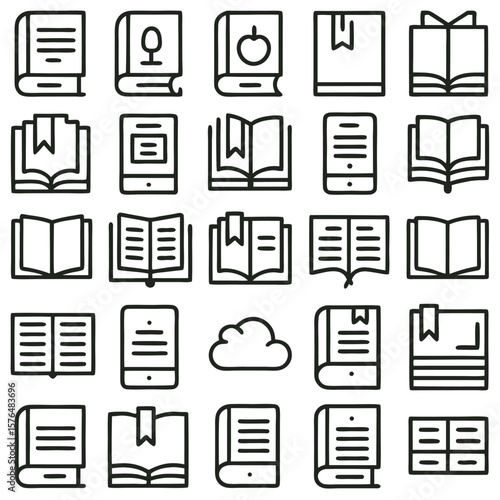 Collection of Black and White Book Icons Open Closed Bookmark E Reader Tablet Cloud