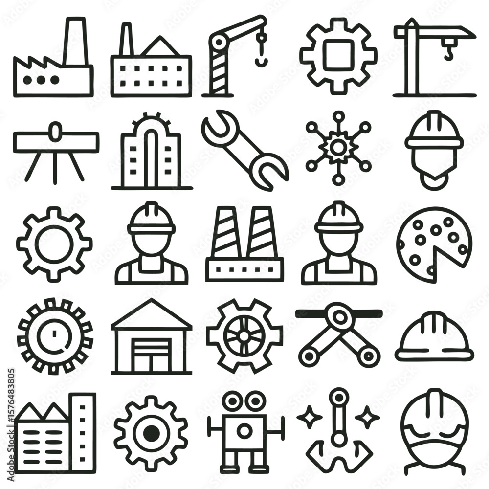 Naklejka premium Collection of Black and White Industrial Icons Factory Gears Crane Worker Helmet Engineering Symbols