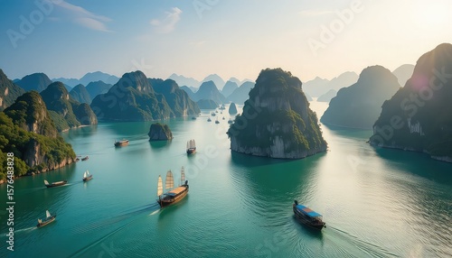 Quảng Ninh province, Vietnam's Ha Long Bay, Halong Bay World Heritage Site, limestone islands, and emerald waters with boats.  Travel location, breathtaking scenery, and backdrop wallpaper
