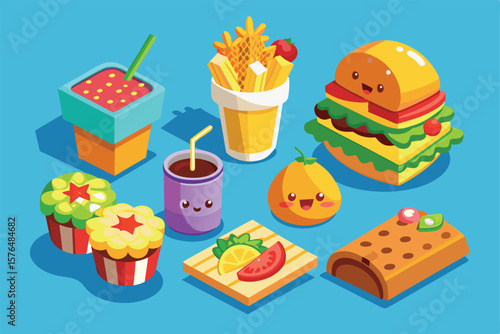 Vibrant cartoon illustration of fast food items with cute smiling faces, including a burger, soda, and cupcakes, set against a bright background, evoking fun and playfulness.
