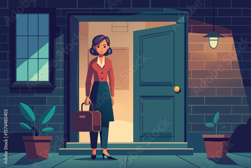 A woman on the doorstep with a suitcase, calm face and determination in her eyes