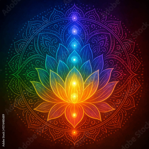 Colorful illustration shows a blooming lotus flower with chakras and a decorative mandala on a dark background.