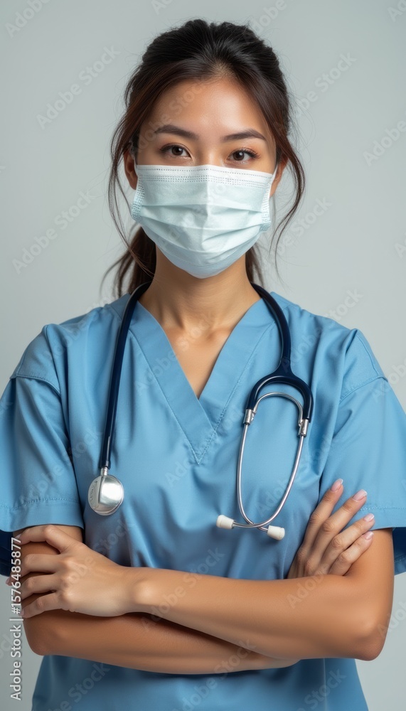 Confident female healthcare worker in scrubs and mask Confident female healthcare worker in scrubs and mask