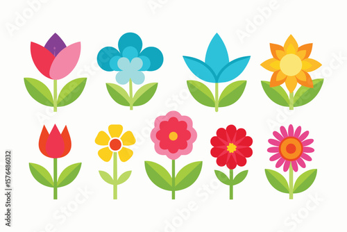 A vibrant set of vector flower icons, featuring various shapes and colors, ideal for spring themed designs. Simple and eye catching, these illustrations bring a touch of nature to any project.